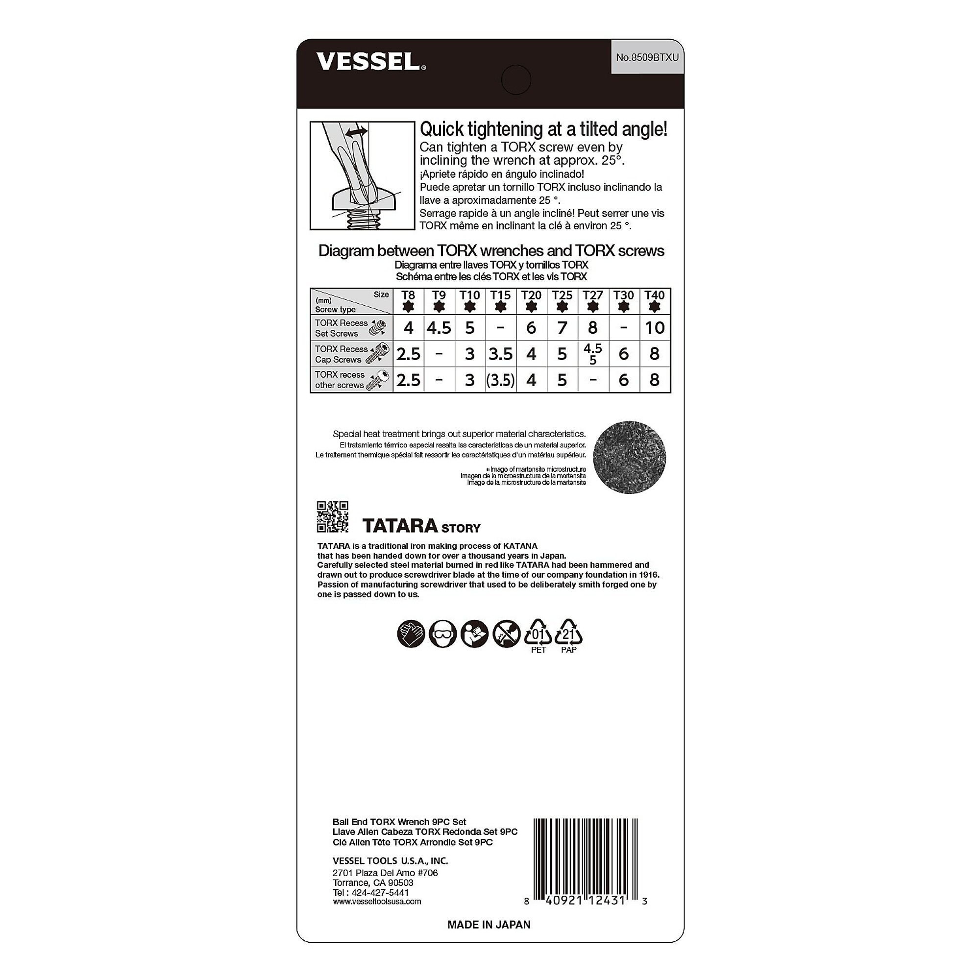 Vessel Ball End Torx L-Key Wrench Set - 9-Piece, Nickel-Plated, Model# 8509BTXU